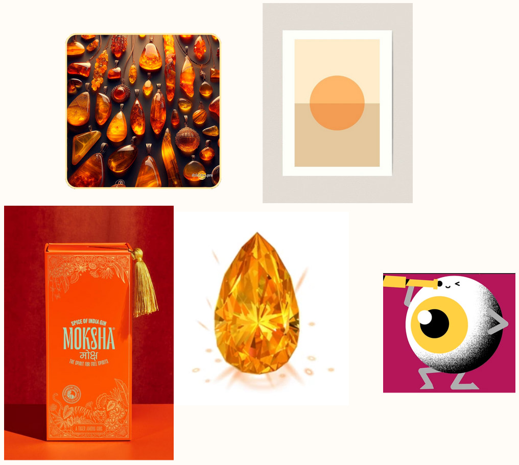 Moodboard for the "Dzintars" animation, featuring orange hued images as well as a character with a grain shadow.