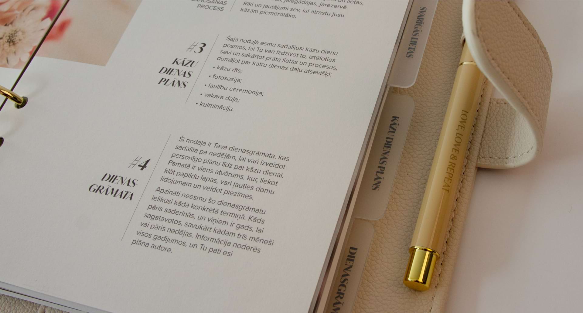 A close up of the table of contents page and divider tabs on the side in the wedding planner.