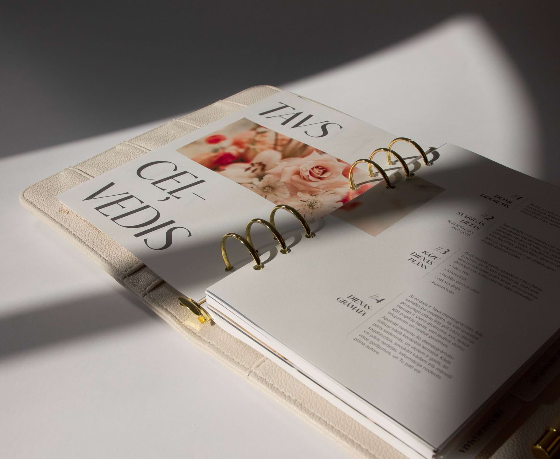 A wide shot of the table of contents spread in the wedding planner.