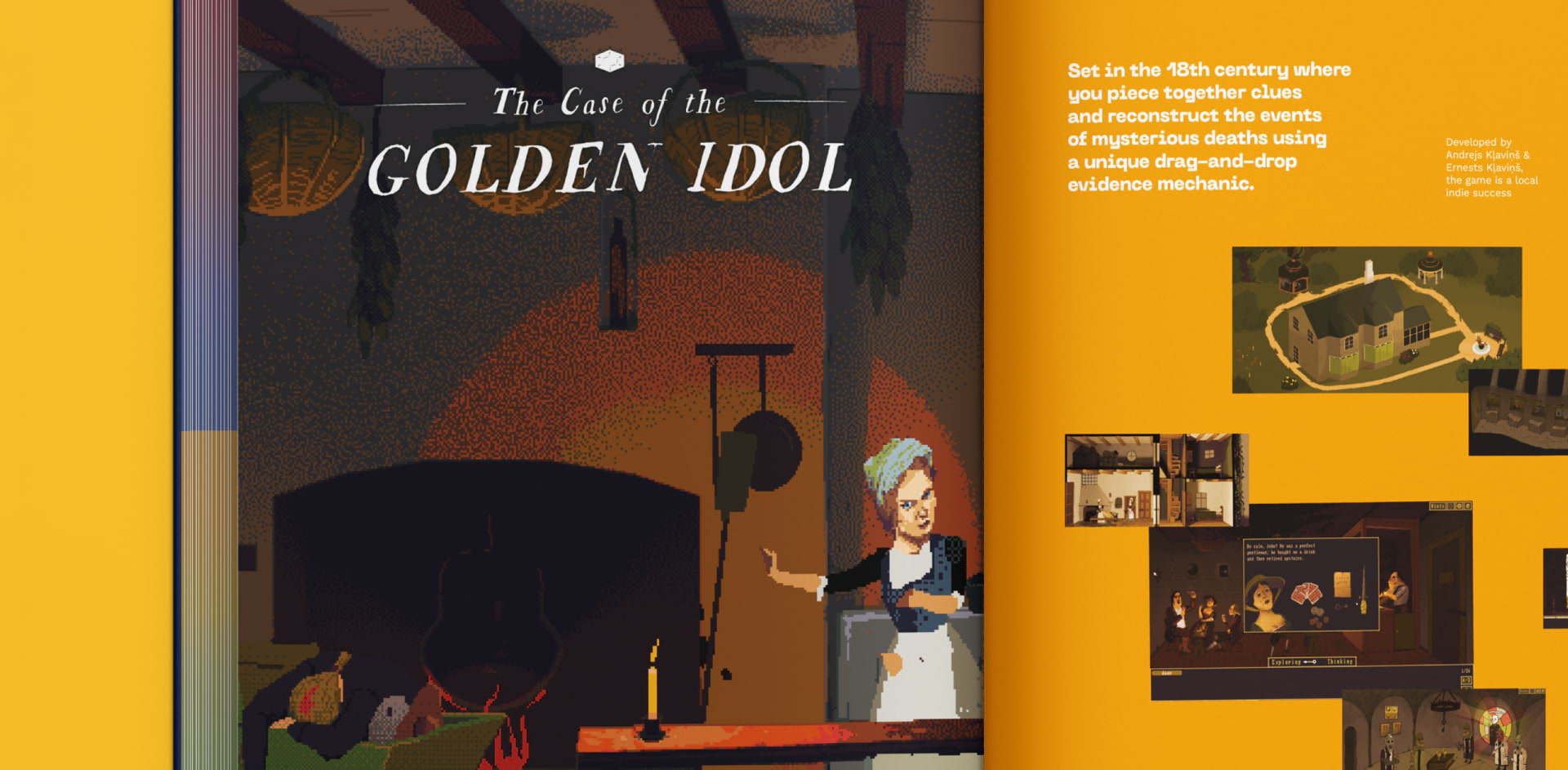 A spread in the book featuring screenshots from the indie game "The Case of the Golden Idol"