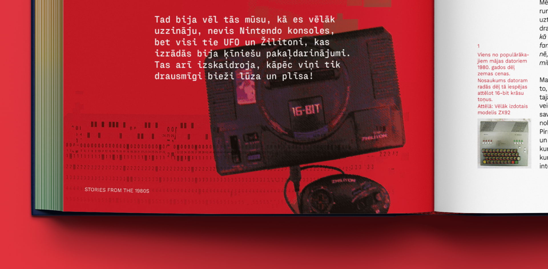 A close up of a page in the book, featuring a dithered old-school console visual.