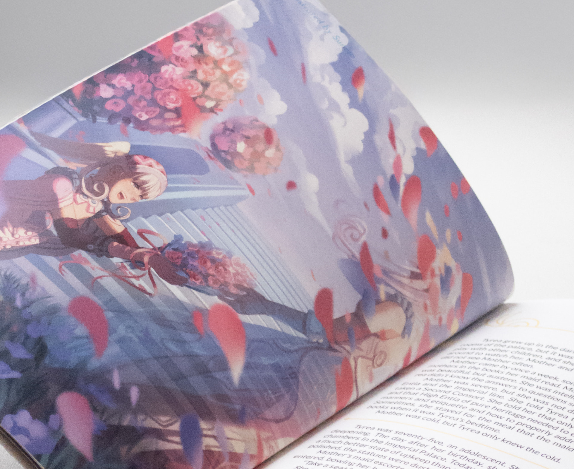 A close up of a spread with an artwork and the beginning of a story in the zine.