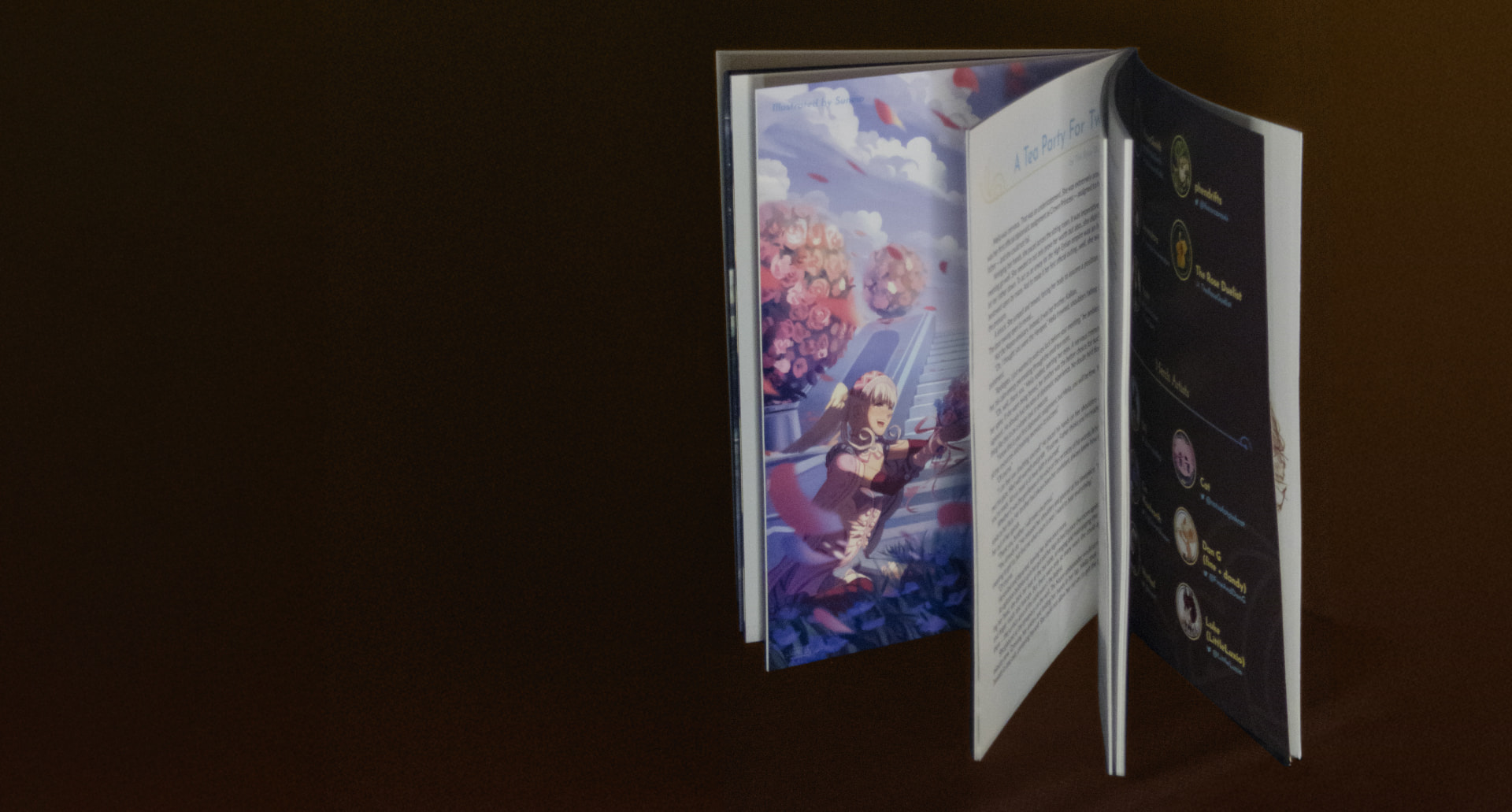 The zine propped up, mid flip, featuring an artwork, a story, and credit page.