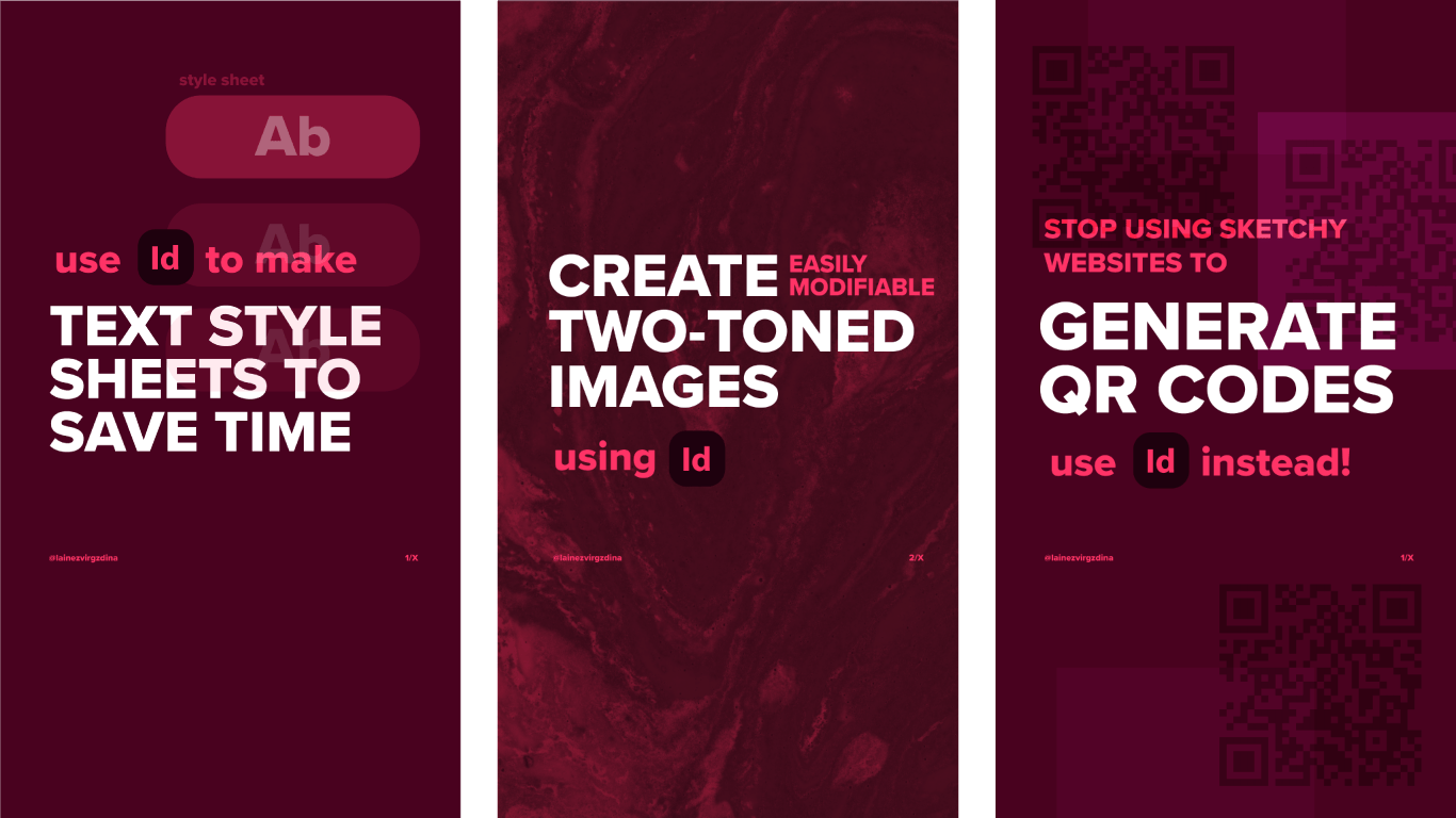 A set of three video thumbnails done in the same style for short-form InDesign tutorials.