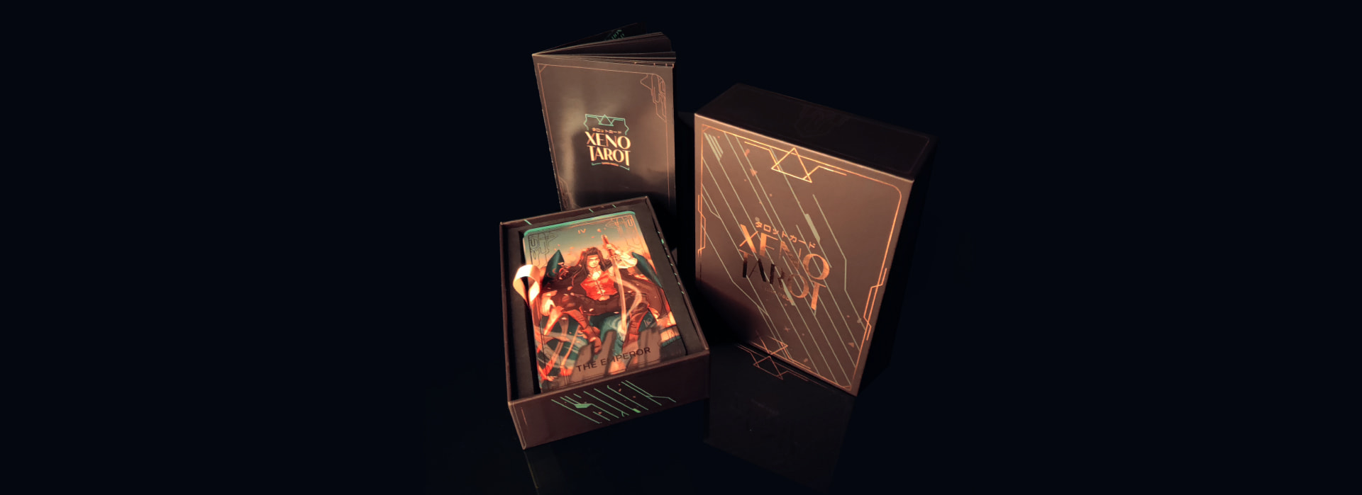 The Xeno Tarot Project box set opened up, info booklet in the back, box in the front.