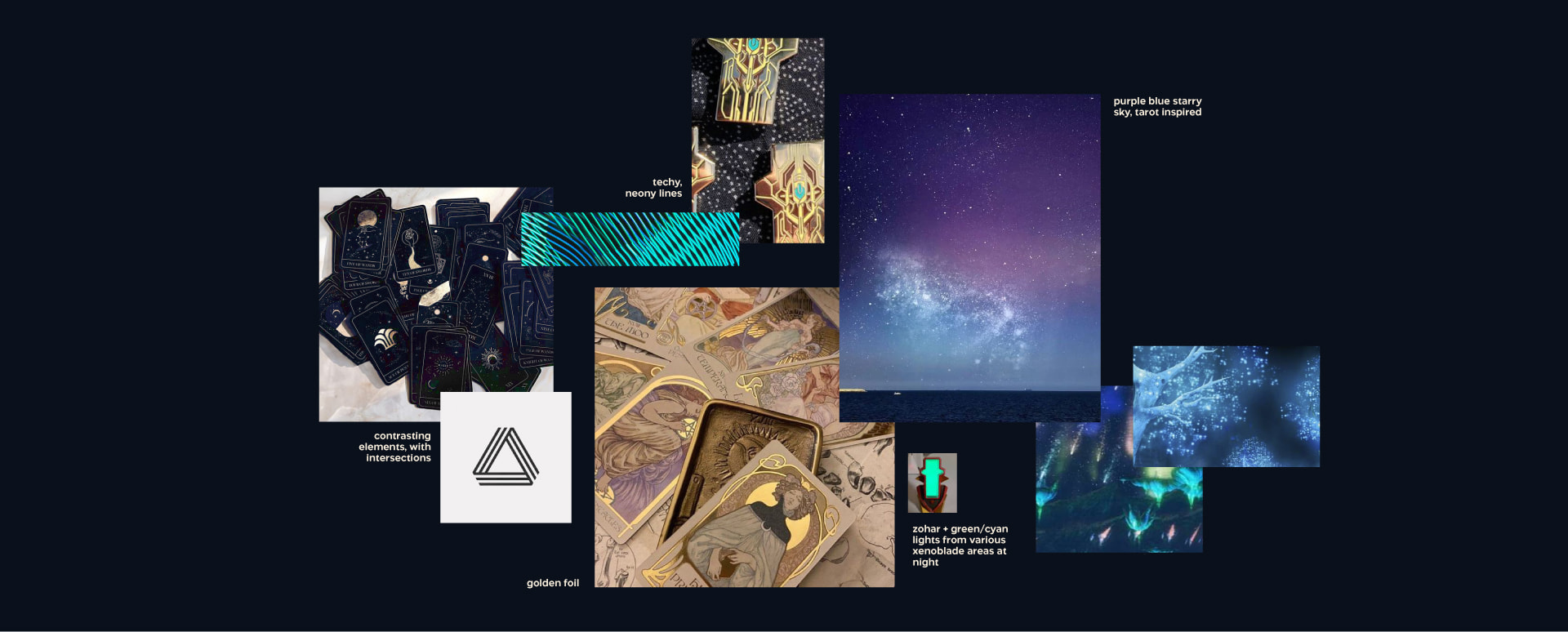 The moodboard for the visual identity, featuring golden and cyan toned images.