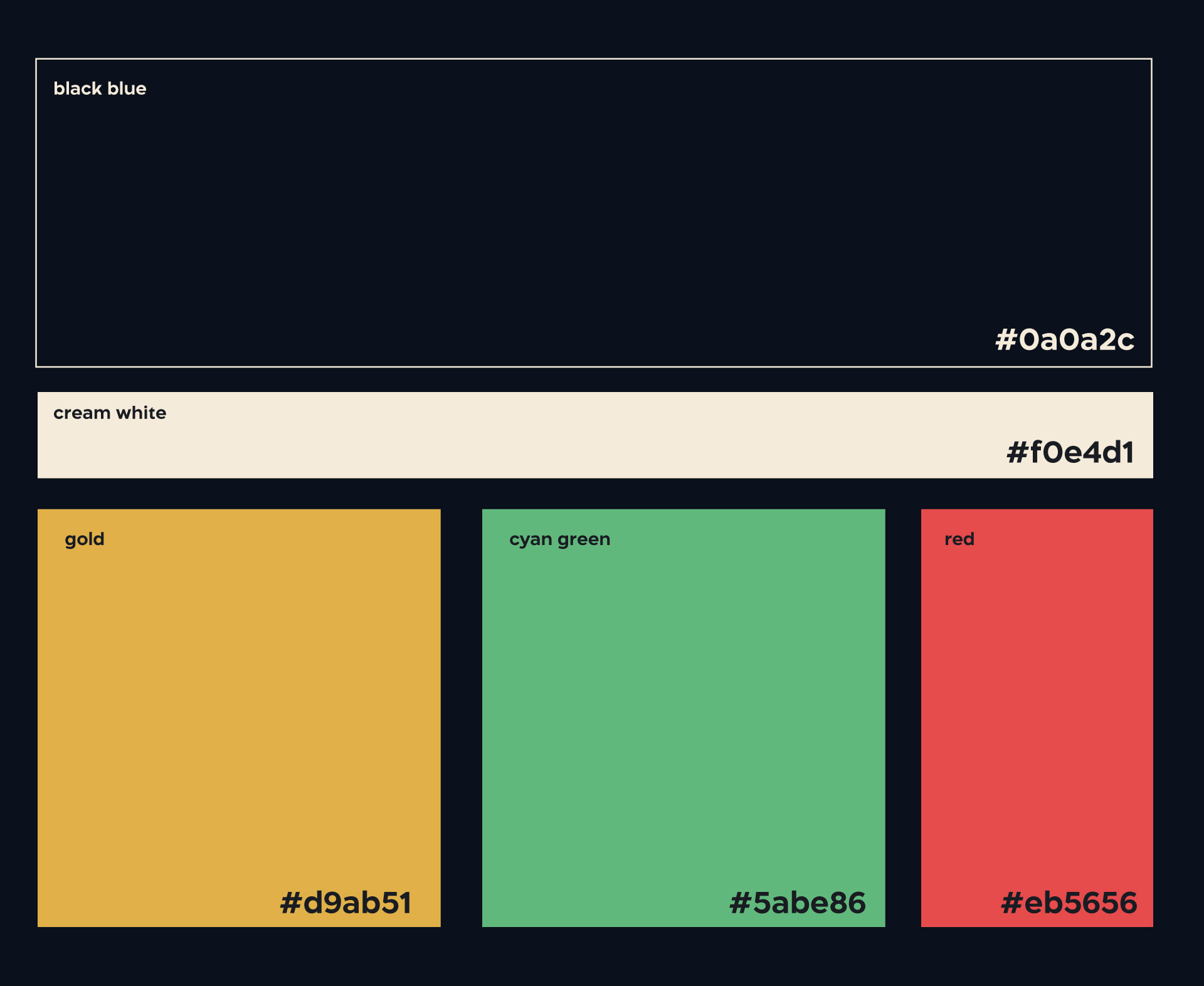 The color palette of the visual identity, dark blue and cream white as base colors, gold, cyan green and red as accents.